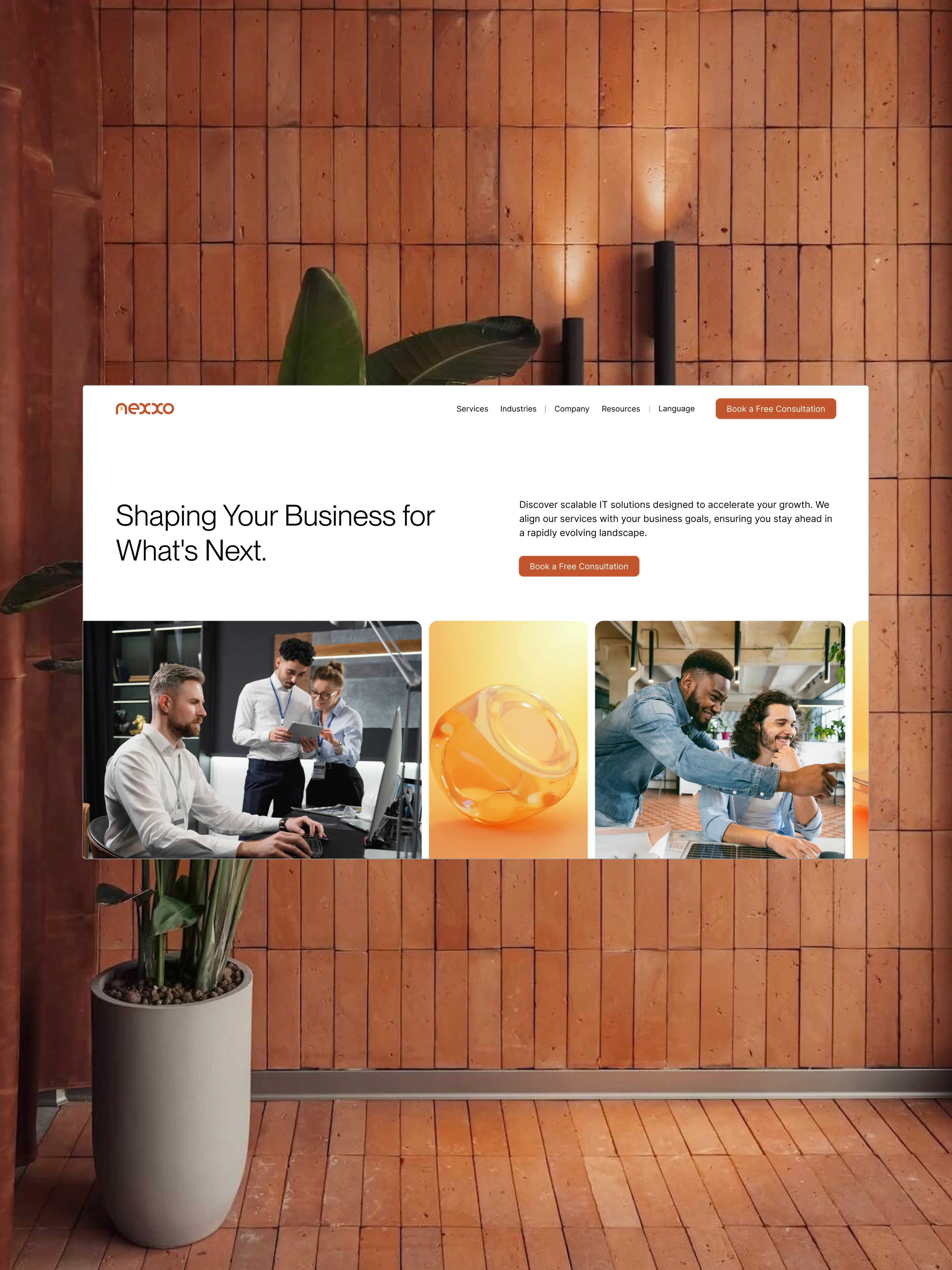 Modern office space with polished concrete floor, built-in wooden bench seating, white cylindrical table, large potted plants, and an overlay of a Nexxo IT solutions website homepage.