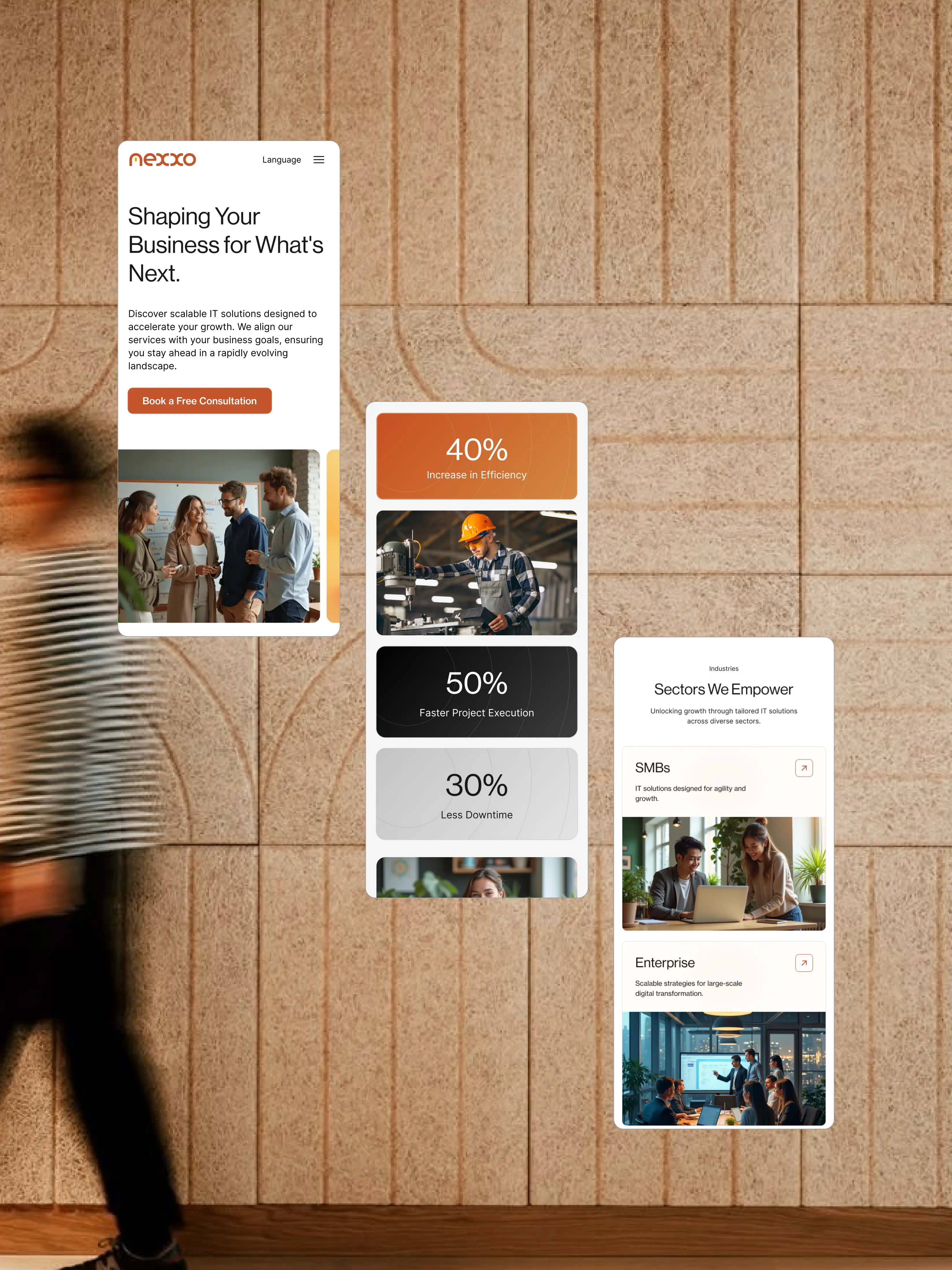 Modern office space with a promotional overlay showing business professionals working and the text ‘Shaping Your Business for What's Next.’