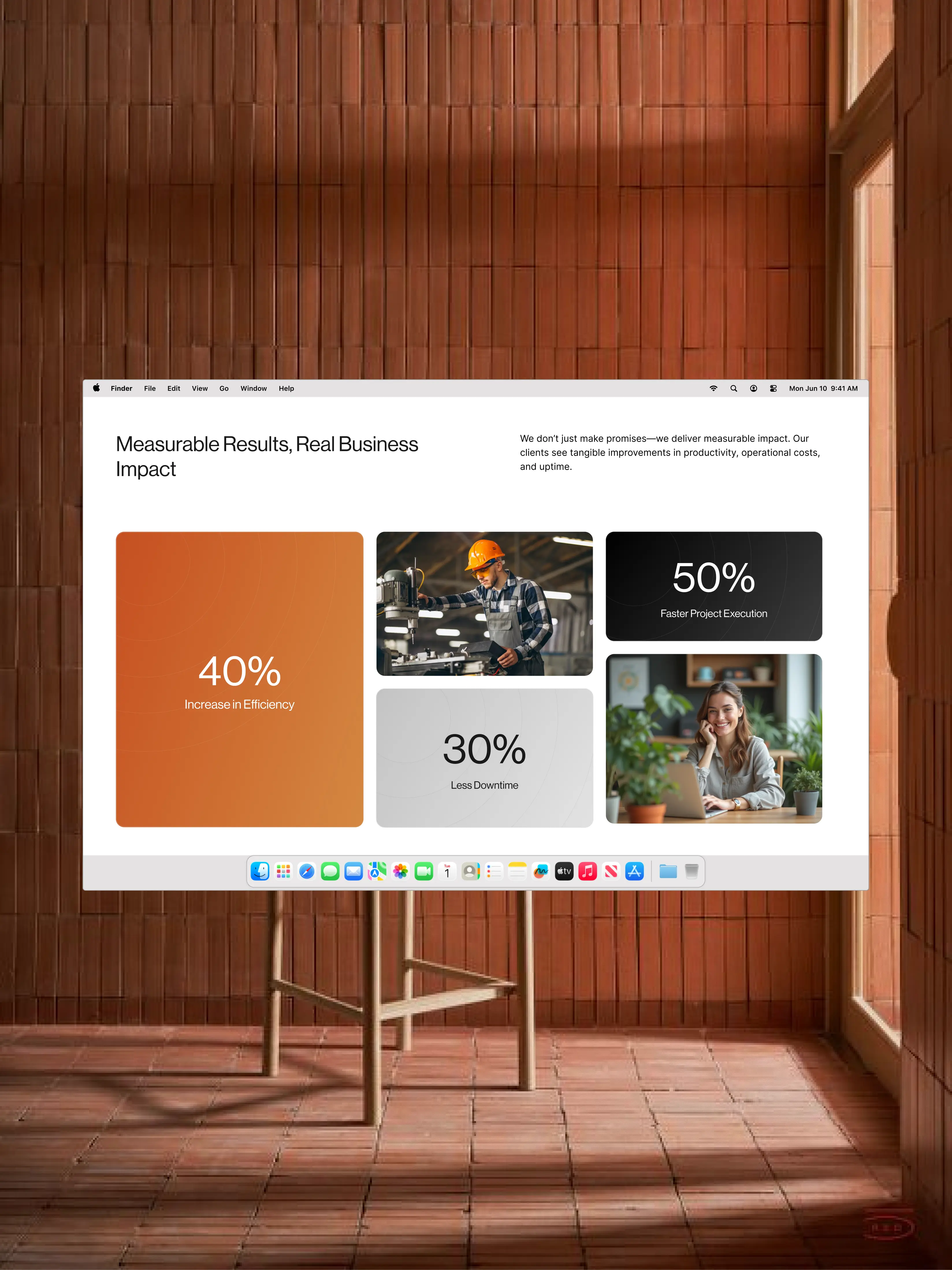 Dashboard showing measurable business results: 40% increase in efficiency, 50% faster project execution, and 30% less downtime with images of a worker using machinery and a woman working on a laptop.