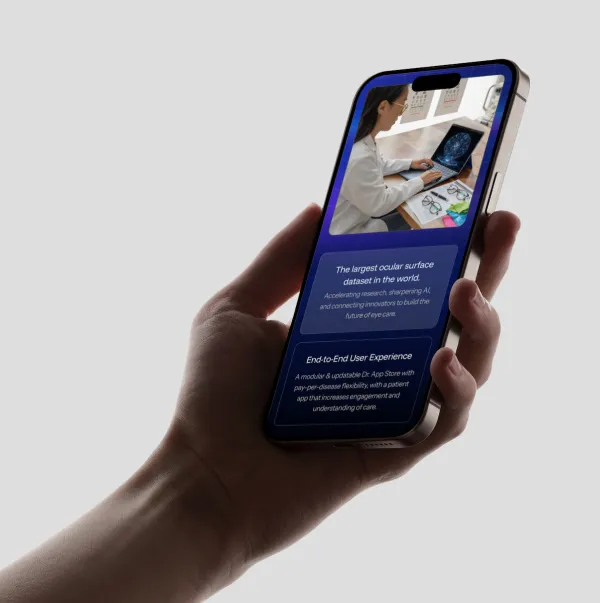Informational panels describing AI4Eyes eye care technology with a person on a laptop, device image, and key features like faster diagnostics and personalized treatment.