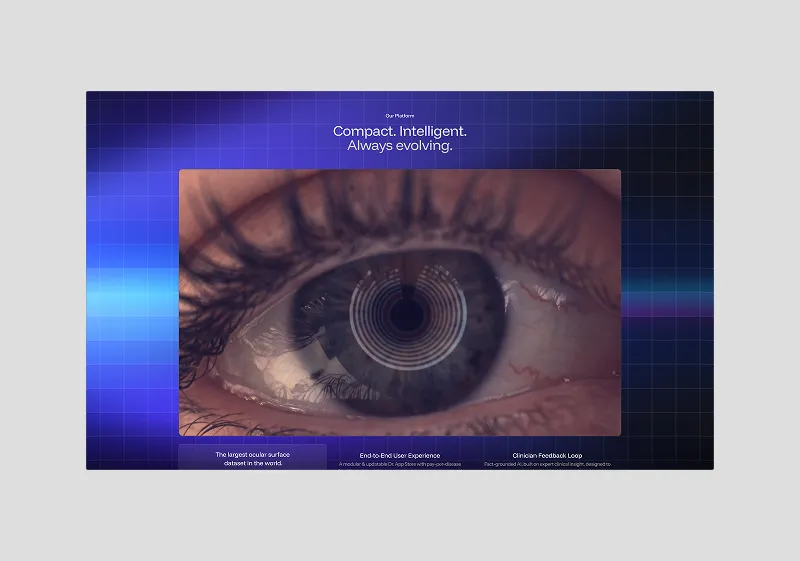Close-up of a human eye with a digital circular pattern overlay on the iris, displayed on a computer screen with a blue grid background and the text 'Compact. Intelligent. Always evolving.'