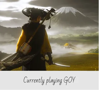 Character in traditional Japanese attire holding a sword and shamisen, looking toward a misty landscape with Mount Fuji in the background.