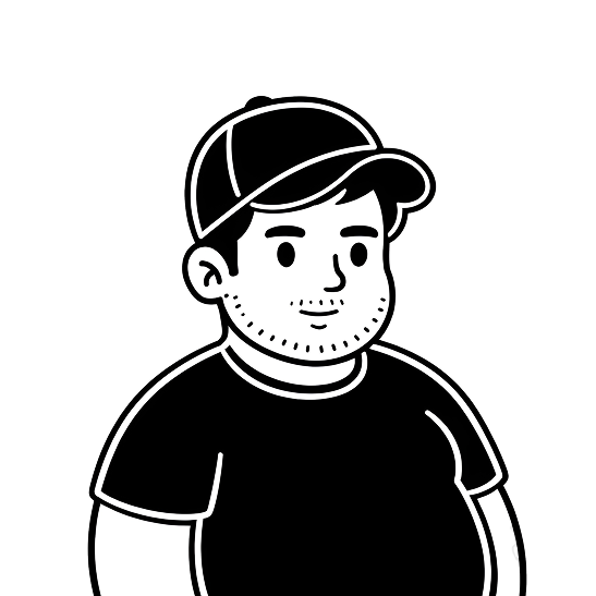 Cartoon avatar of a man with short hair, a beard, wearing a cap and a t-shirt, illustrated in black and white with a black background.