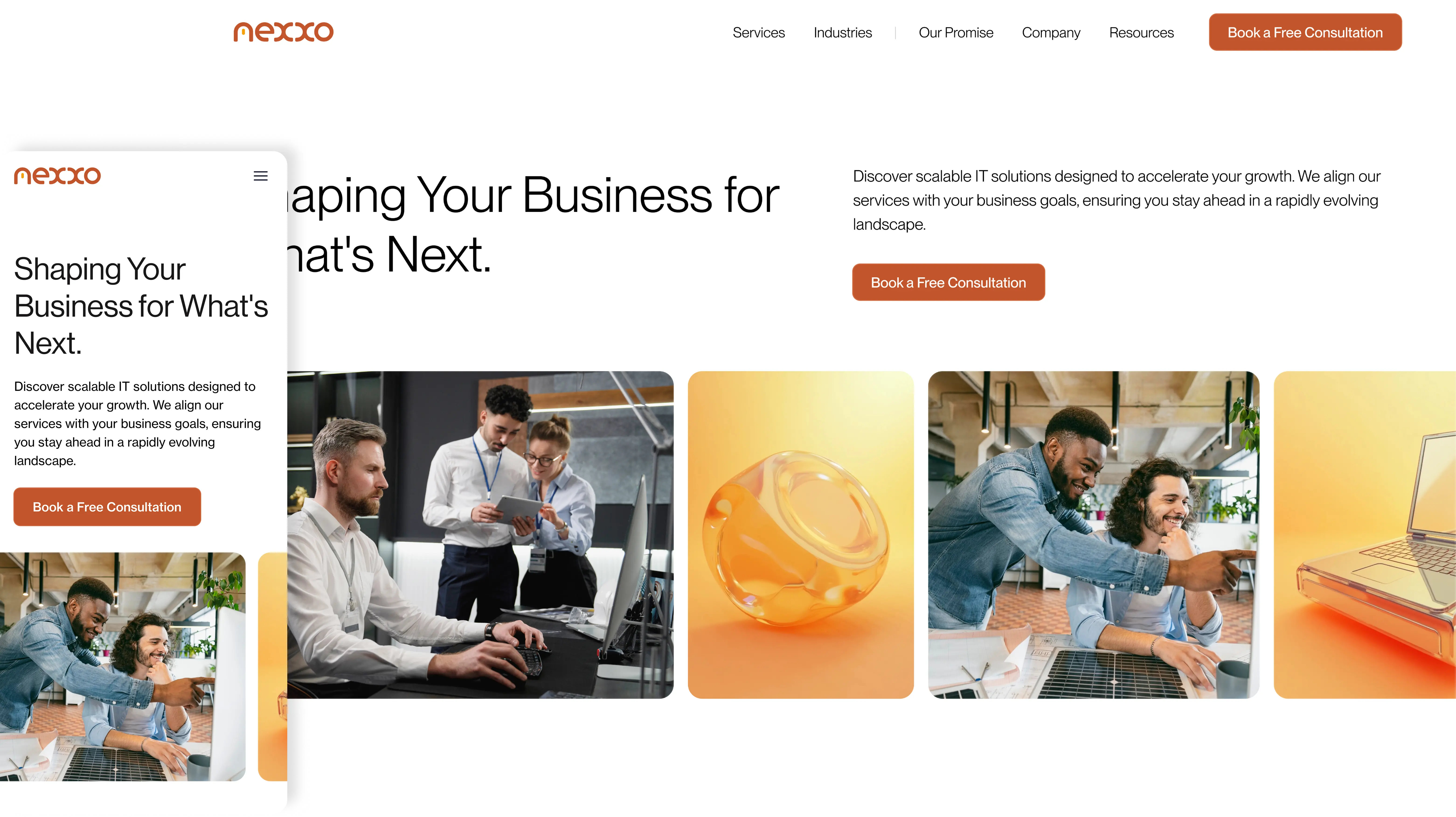Infographic presenting business impact metrics with photos of professionals and a group of four people in discussion, highlighting 40% increase in efficiency and 50% faster project execution.