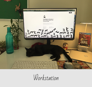 Minimal workstation with widescreen monitor showing forest wallpaper, wireless keyboard, wireless mouse, and small decorations on a white desk.